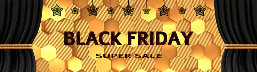 Black Friday on golden background with black luxury curtain stage. Horizontal template for design, ads product, sale, banner, presentation. 3d rendering illustration