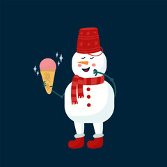 Cute snowman with ice cream. A snow character with a magical, cold treat. A drawn vector illustration for a postcard or poster for the new year. Vector illustration