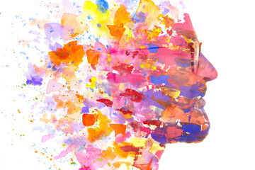 Paintography. A profile portrait of a young man with glasses combined with an abstract watercolor painting. © DAZOKA.com