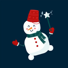 A cheerful snowman with a red bucket on his head. A man from the snow is having fun with a magic wand in his hand. A postcard or poster for the New Year or Christmas. Vector illustration