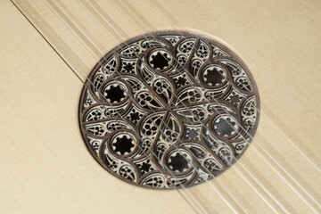 Renaissance guitar of the 16th century. Close-up details