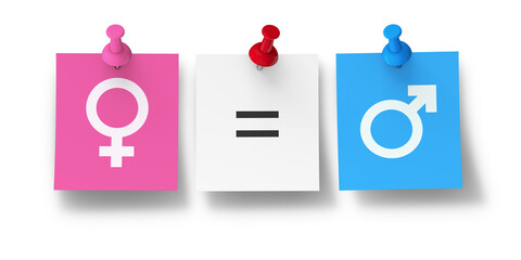 Gender Equality And Gender Parity Concept. Male And Female Icons And Equal To Sign On Paper Notes