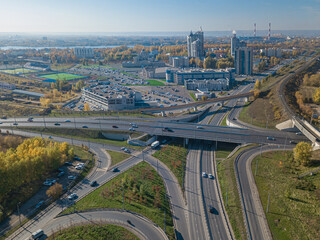 Transport junction traffic road. Aerial high above view of modern road junction. Top down view of traffic 