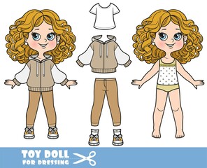 Cartoon girl with curle haired in underwear, dressed and clothes separately - beige hooded sweatshirt , white T-shirt, jeans, sneakers doll for dressing