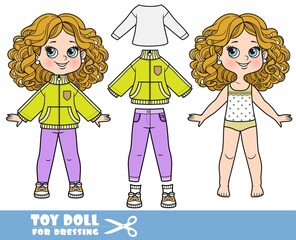 Cartoon girl with curle haired in underwear, dressed and clothes separately - demi-season jacket, long sleeve t-shirt, jeans, sneakers  doll for dressing