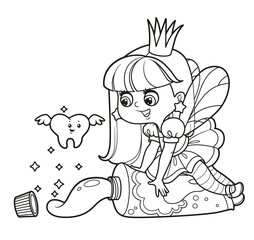 Cute little tooth fairy sits on tube of toothpaste and talks to a cartoon tooth outlibed for coloring on white background