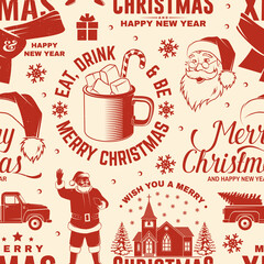 Merry Christmas and Happy New Year seamless pattern with snowflakes, hanging christmas ball, Santa Claus, hat, candy. Vector illustration. Christmas background with new year emblem in retro style.