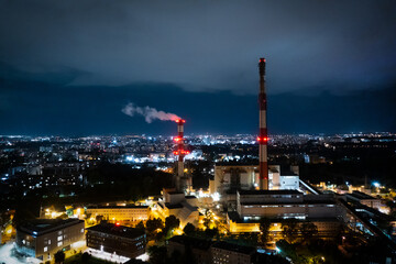 industrial power plant night landscape with lights aerial view