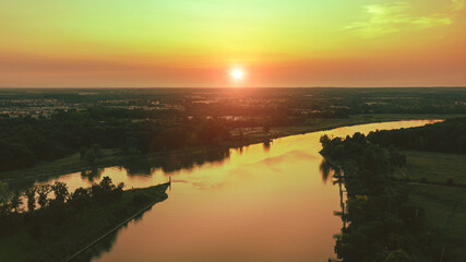 Sunset over the river, autumn landscape. view from above