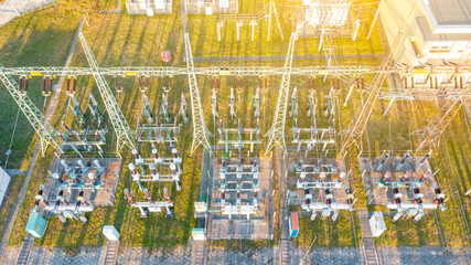 Top view of the city's electrical substation. A substation with transformers that distributes high...