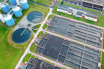 Urban river water treatment, water filtration and purification, top view of the treatment plant