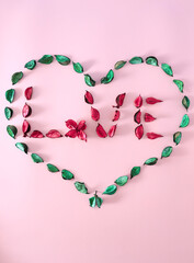 Obraz premium Shape of heart made of green leaves. Inside is written word love with red leaves.