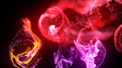 3d render. injection of fluorescent ink in water isolated on black background. Glow particles or sparks like shiny magic spell. Fantastic background for festive event. Red purple mix