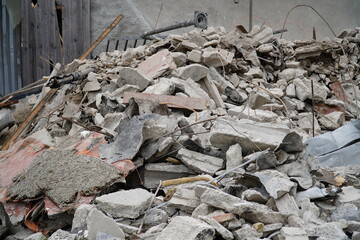 Concrete rubble debris on construction site, the last remains of an abandoned pavilion of a former world exhibition in Hannover, Germany.