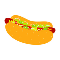 Vector illustration of a cartoon hot dog. Traditional street food. Flat design isolated on a white background.