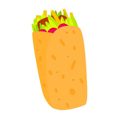 Cartoon sandwich with shawarma. Traditional street food. Burritos, tacos, doner kebab. Vector illustration isolated on a white background.