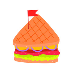 Flat vector cartoon triangular sandwich with cheese, onion, meat and lettuce leaves. Street food isolated on a white background.