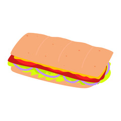 Flat vector cartoon long rectangular sandwich with tomatoes, onions, meat and lettuce leaves. A quick-cooking sandwich. Street food isolated on a white background.