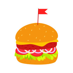 Vector illustration of a cartoon delicious juicy burger. Traditional street food. Flat design isolated on a white background.