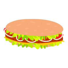 Flat vector cartoon long sandwich with tomatoes, onions, meat and lettuce leaves. A quick-cooking sandwich. Street food isolated on a white background.