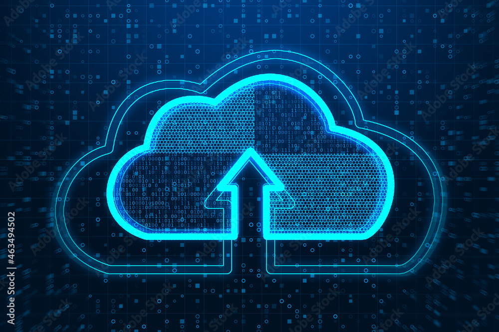 Aufkleber Creative glowing clouds hologram on dark binary code background. Cloud computing and database concept. 3D Rendering.