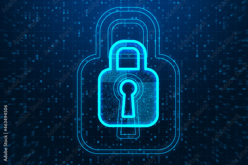 Poster Abstract glowing padlock icon on dark binary code background. Digital protection and security concept. 3D Rendering.