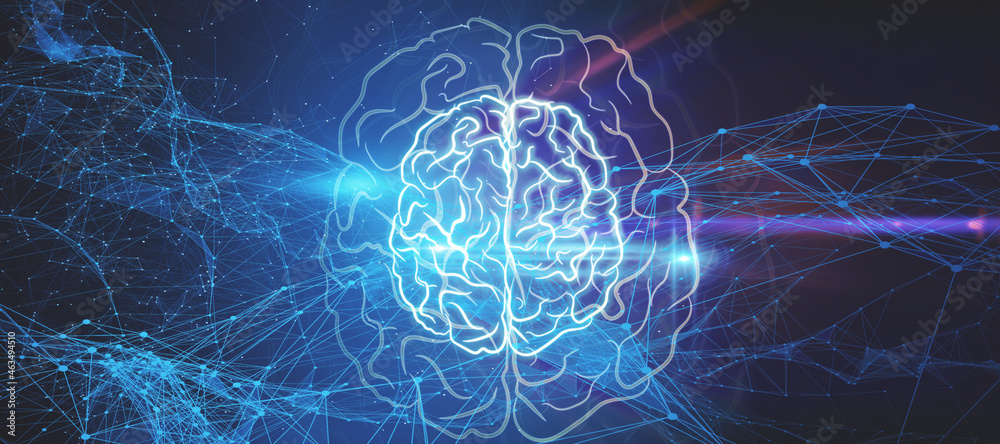 Poster Abstract wide panoramic image of glowing brain with polygonal mesh on colorful tech background. Artificial intelligence and machine learning concept. 3D Rendering.