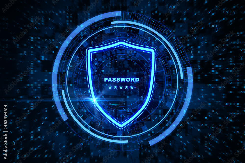 Poster Abstract glowing shield with password icon on dark binary code background. Login, database and security concept. 3D Rendering.