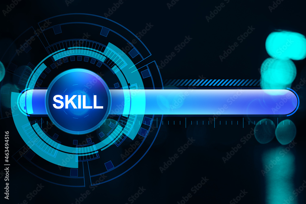 Poster creative digital skill bar on blurry dark bokeh background. education, career and progress concept.