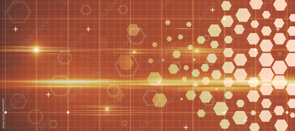 Poster Creative glowing wide hexagonal backdrop with mesh and grid. Landing page concept. 3D Rendering.