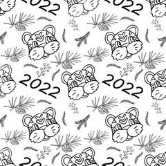 Fototapeta premium Hand drawn seamless pattern with tiger, cute symbol of the new year 2022. Cartoon vector illustration for wrapping paper, greeting cards, calendars, fabric, banners, web, design 