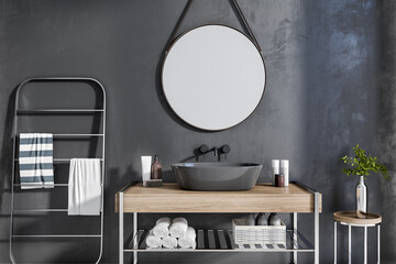 Contemporary bathroom interior with drying rack, mirror and wash basin. Design and interior concept. 3D Rendering.