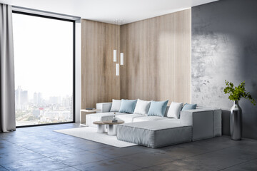 Concrete living room interior with window and city view, beautiful couch, pillows, rug and other...