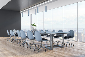 Daylit wooden and concrete meeting room interior with panoramic city view, daylight and large table with chairs. Corporate design and legal concept. 3D Rendering.