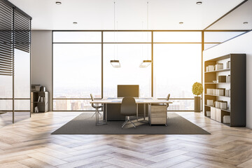 Modern office interior with equipment, furniture, sunlight, window with city view and wooden flooring. Worplace and workspace concept. 3D Rendering.