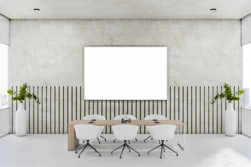 Modern white glass meeting room interior with empty mock up poster, windows, city view, furniture and equipment. Workplace concept. 3D Rendering.