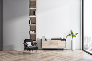Modern interior with wooden flooring, bookcase, armchair, decorative plant and window with city...