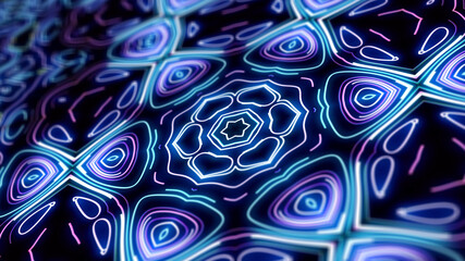 3d render. Kaleidoscopic structure with neon flash lights. Abstract bg with flashing lines pattern like symmetrical radial ornament on plane like light bulbs or garland of lines. DOF