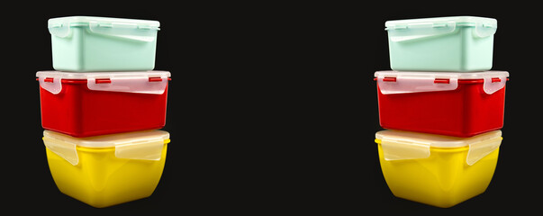  Multicolored plastic lunch boxes on a black background from both sides, banner