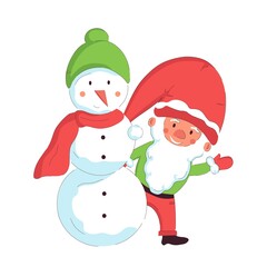 Christmas gnome Santa helper with snowman. Holiday print and card