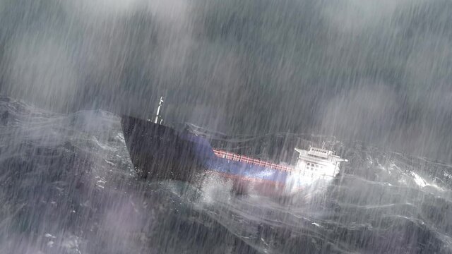 Empty Cargo Ship swinging in stormy ocean,aerial
Sailing ship swinging on stormy sea waves, Rough ocean with rain and thunderstorm

