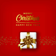 Fototapeta na wymiar Merry Christmas And Happy New Year with realistic white gift box on red background