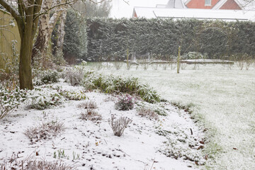 Large UK garden in winter snow scene