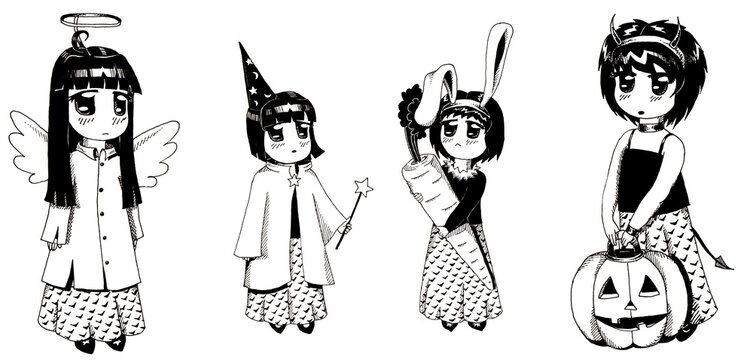 pen sketches of cute costumes set for girls for Halloween and Christmas in anime chibi style angel imp rabbit magician