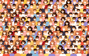Group of men and women stand in a row wearing medical masks to prevent coronavirus, flu, air pollution, viruses and disease. People crowd poster. Social diversity, society. Vector illustration.