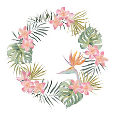 Fototapeta na wymiar Jungle wreath. Strelitzia, plumeria, monstera, palm leaves. Watercolor hand drawn. Frame isolated on white background. For holiday invitation, postcard, poster, background, party cards for birthday.