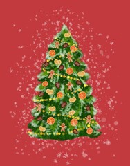 Christmas tree with natural toys made of gingerbread man, gingerbread, dry orange, garland. Illustration for Christmas card, banner.