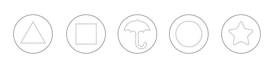 Outline dalgona sugar honeycombs, sponge candies, ppopgi or bbopki set. Traditional Korean snacks with dotted stamps in triangle, square, umbrella, circle, star shapes. Editable stroke.