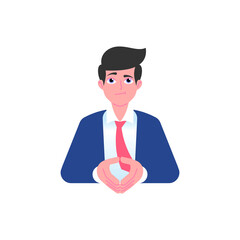 Skeptical businessman folded his hands in negotiations. Professional discussion concept. Male emoji character with different emotion and gesturing. Vector illustration isolated on white background