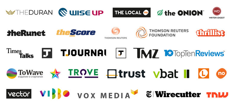 logos of the press and news channels, logos of famous brands, badges with company logos